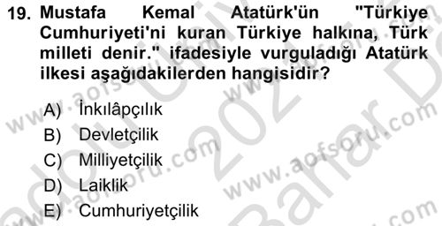 Atatürk İlkeleri Ve İnkılap Tarihi 2 Dersi 2021 - 2022 Yılı (Vize) Ara Sınav Soruları 19. Soru