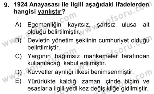 Atatürk İlkeleri Ve İnkılap Tarihi 2 Dersi 2021 - 2022 Yılı (Vize) Ara Sınav Soruları 9. Soru