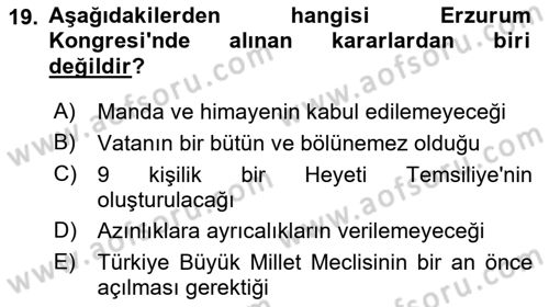 Atatürk İlkeleri Ve İnkılap Tarihi 2 Dersi 2022 - 2023 Yılı (Vize) Ara Sınav Soruları 19. Soru