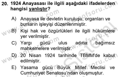 Atatürk İlkeleri Ve İnkılap Tarihi 2 Dersi 2022 - 2023 Yılı (Vize) Ara Sınav Soruları 20. Soru