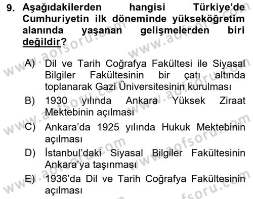 Atatürk İlkeleri Ve İnkılap Tarihi 2 Dersi 2022 - 2023 Yılı (Vize) Ara Sınav Soruları 9. Soru