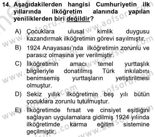 Atatürk İlkeleri Ve İnkılap Tarihi 2 Dersi 2023 - 2024 Yılı (Vize) Ara Sınav Soruları 14. Soru