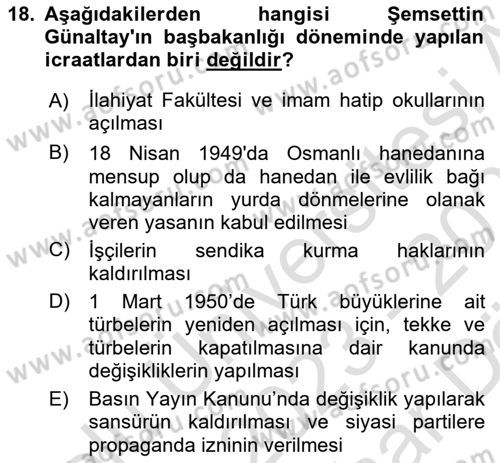 Atatürk İlkeleri Ve İnkılap Tarihi 2 Dersi 2023 - 2024 Yılı (Vize) Ara Sınav Soruları 18. Soru
