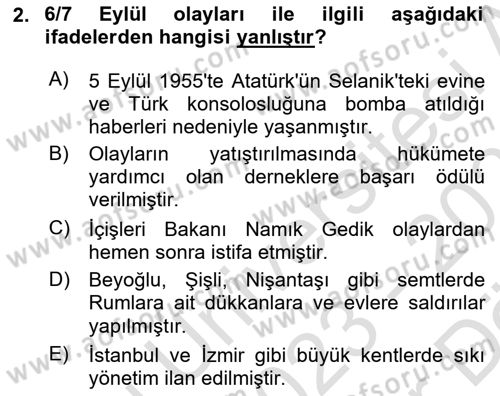 Atatürk İlkeleri Ve İnkılap Tarihi 2 Dersi 2023 - 2024 Yılı (Vize) Ara Sınav Soruları 2. Soru