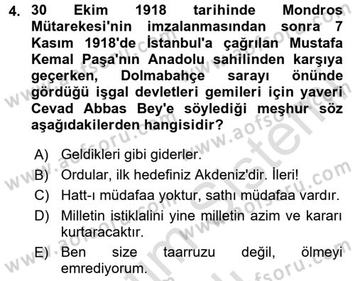 Atatürk İlkeleri Ve İnkılap Tarihi 2 Dersi 2023 - 2024 Yılı (Vize) Ara Sınav Soruları 4. Soru