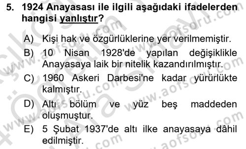 Atatürk İlkeleri Ve İnkılap Tarihi 2 Dersi 2023 - 2024 Yılı (Vize) Ara Sınav Soruları 5. Soru