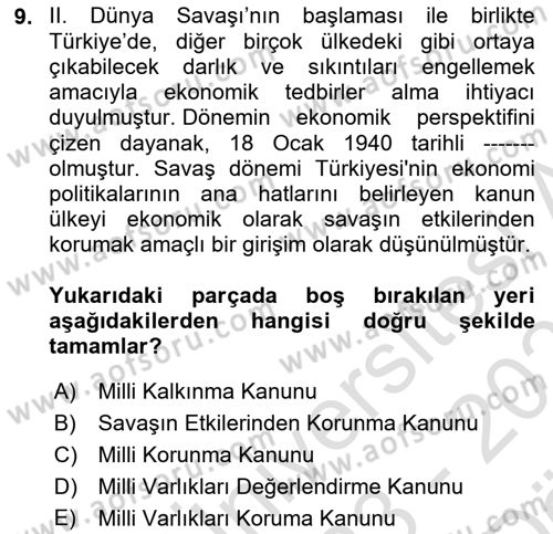 Atatürk İlkeleri Ve İnkılap Tarihi 2 Dersi 2023 - 2024 Yılı (Vize) Ara Sınav Soruları 9. Soru