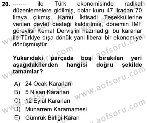 Atatürk İlkeleri Ve İnkılap Tarihi 2 Dersi 2023 - 2024 Yılı (Final) Dönem Sonu Sınav Soruları 20. Soru