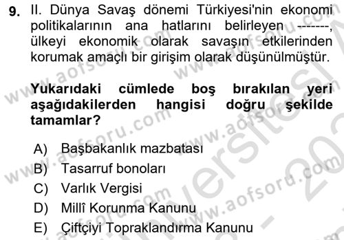 Atatürk İlkeleri Ve İnkılap Tarihi 2 Dersi 2023 - 2024 Yılı (Final) Dönem Sonu Sınav Soruları 9. Soru