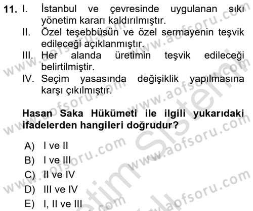 Atatürk İlkeleri Ve İnkılap Tarihi 2 Dersi 2024 - 2025 Yılı (Vize) Ara Sınav Soruları 11. Soru