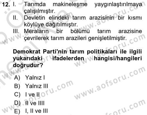 Atatürk İlkeleri Ve İnkılap Tarihi 2 Dersi 2024 - 2025 Yılı (Vize) Ara Sınav Soruları 12. Soru