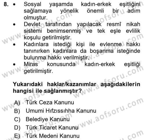 Atatürk İlkeleri Ve İnkılap Tarihi 2 Dersi 2024 - 2025 Yılı (Vize) Ara Sınav Soruları 8. Soru