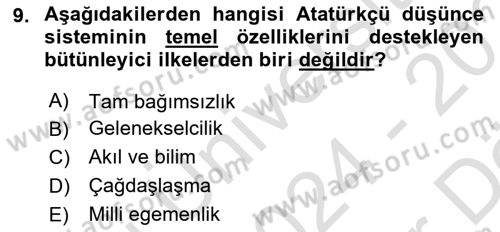 Atatürk İlkeleri Ve İnkılap Tarihi 2 Dersi 2024 - 2025 Yılı (Vize) Ara Sınav Soruları 9. Soru
