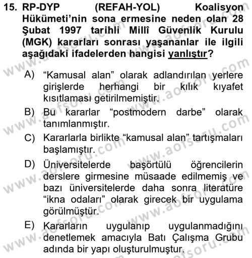 Atatürk İlkeleri Ve İnkılap Tarihi 2 Dersi 2024 - 2025 Yılı Yaz Okulu Sınav Soruları 15. Soru