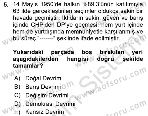 Atatürk İlkeleri Ve İnkılap Tarihi 2 Dersi 2024 - 2025 Yılı Yaz Okulu Sınav Soruları 5. Soru