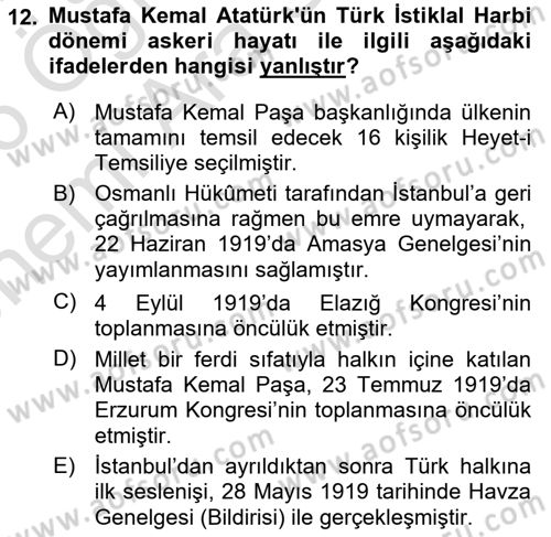 Atatürk İlkeleri Ve İnkılap Tarihi 2 Dersi 2025 - 2026 Yılı (Vize) Ara Sınav Soruları 12. Soru