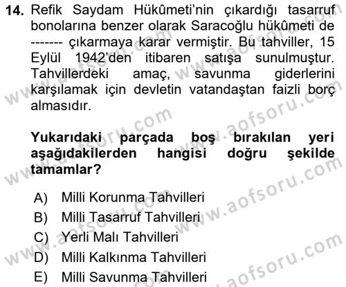 Atatürk İlkeleri Ve İnkılap Tarihi 2 Dersi 2025 - 2026 Yılı (Vize) Ara Sınav Soruları 14. Soru