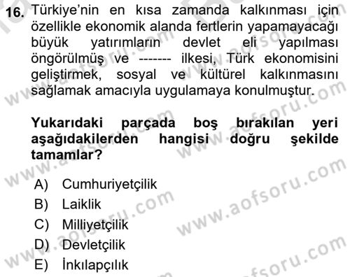 Atatürk İlkeleri Ve İnkılap Tarihi 2 Dersi 2025 - 2026 Yılı (Vize) Ara Sınav Soruları 16. Soru