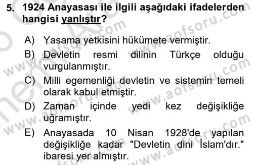 Atatürk İlkeleri Ve İnkılap Tarihi 2 Dersi 2025 - 2026 Yılı (Vize) Ara Sınav Soruları 5. Soru