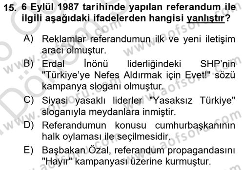 Atatürk İlkeleri Ve İnkılap Tarihi 2 Dersi 2025 - 2026 Yılı (Final) Dönem Sonu Sınav Soruları 15. Soru