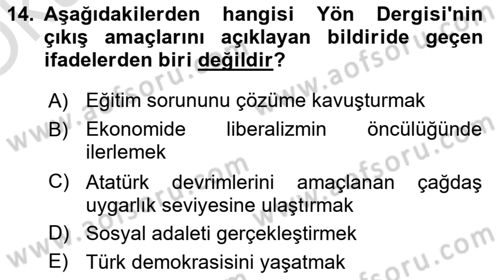 Atatürk İlkeleri Ve İnkılap Tarihi 2 Dersi 2025 - 2026 Yılı Yaz Okulu Sınav Soruları 14. Soru
