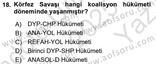 Atatürk İlkeleri Ve İnkılap Tarihi 2 Dersi 2025 - 2026 Yılı Yaz Okulu Sınav Soruları 18. Soru