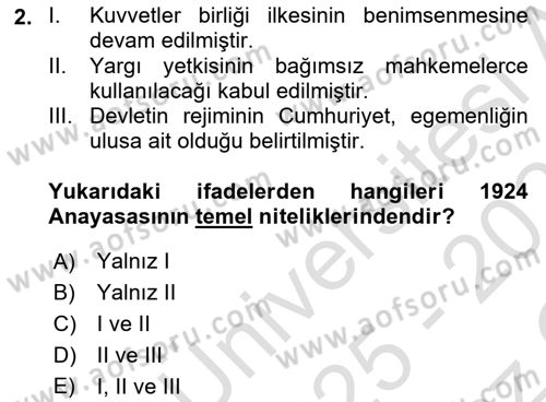 Atatürk İlkeleri Ve İnkılap Tarihi 2 Dersi 2025 - 2026 Yılı Yaz Okulu Sınav Soruları 2. Soru