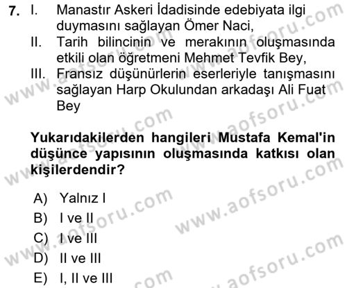 Atatürk İlkeleri Ve İnkılap Tarihi 2 Dersi 2025 - 2026 Yılı Yaz Okulu Sınav Soruları 7. Soru
