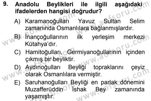 Ortaçağ ve Yeniçağ Türk Devletleri Tarihi Dersi Ara Sınavı Deneme Sınav Soruları 9. Soru