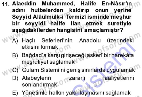 Ortaçağ ve Yeniçağ Türk Devletleri Tarihi Dersi Ara Sınavı Deneme Sınav Soruları 11. Soru
