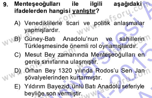Ortaçağ ve Yeniçağ Türk Devletleri Tarihi Dersi Ara Sınavı Deneme Sınav Soruları 9. Soru