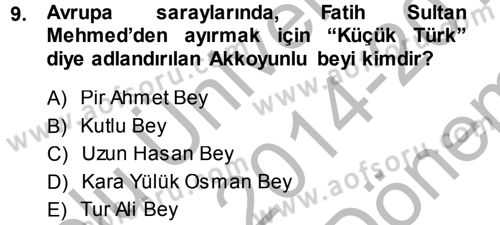 Ortaçağ ve Yeniçağ Türk Devletleri Tarihi Dersi 2014 - 2015 Yılı (Final) Dönem Sonu Sınav Soruları 9. Soru