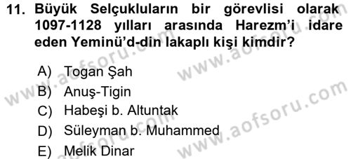 Ortaçağ ve Yeniçağ Türk Devletleri Tarihi Dersi Ara Sınavı Deneme Sınav Soruları 11. Soru