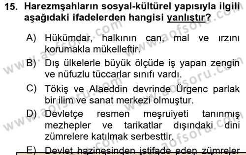 Ortaçağ ve Yeniçağ Türk Devletleri Tarihi Dersi Ara Sınavı Deneme Sınav Soruları 15. Soru