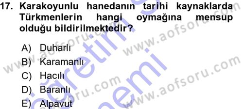 Ortaçağ ve Yeniçağ Türk Devletleri Tarihi Dersi Ara Sınavı Deneme Sınav Soruları 17. Soru