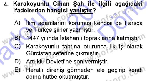 Ortaçağ ve Yeniçağ Türk Devletleri Tarihi Dersi 2015 - 2016 Yılı (Final) Dönem Sonu Sınav Soruları 4. Soru