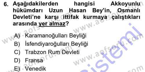 Ortaçağ ve Yeniçağ Türk Devletleri Tarihi Dersi 2015 - 2016 Yılı (Final) Dönem Sonu Sınav Soruları 6. Soru
