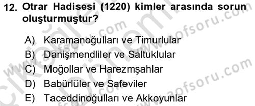 Ortaçağ ve Yeniçağ Türk Devletleri Tarihi Dersi Ara Sınavı Deneme Sınav Soruları 12. Soru
