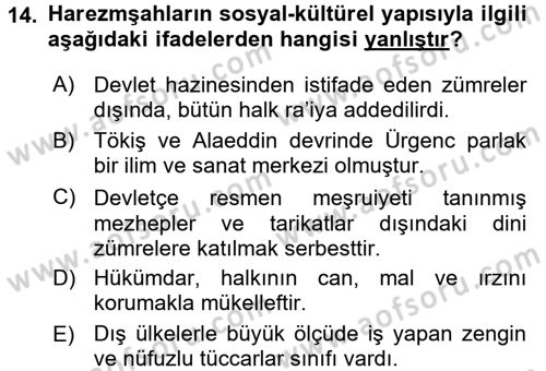 Ortaçağ ve Yeniçağ Türk Devletleri Tarihi Dersi 2016 - 2017 Yılı (Vize) Ara Sınav Soruları 14. Soru