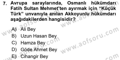 Ortaçağ ve Yeniçağ Türk Devletleri Tarihi Dersi 2016 - 2017 Yılı (Final) Dönem Sonu Sınav Soruları 7. Soru