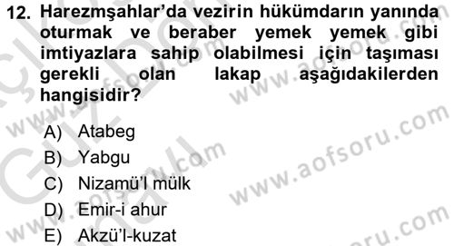 Ortaçağ ve Yeniçağ Türk Devletleri Tarihi Dersi Ara Sınavı Deneme Sınav Soruları 12. Soru