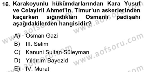 Ortaçağ ve Yeniçağ Türk Devletleri Tarihi Dersi Ara Sınavı Deneme Sınav Soruları 16. Soru