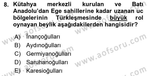 Ortaçağ ve Yeniçağ Türk Devletleri Tarihi Dersi 2018 - 2019 Yılı (Vize) Ara Sınav Soruları 8. Soru