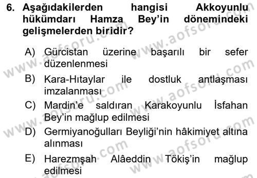 Ortaçağ ve Yeniçağ Türk Devletleri Tarihi Dersi 2018 - 2019 Yılı (Final) Dönem Sonu Sınav Soruları 6. Soru