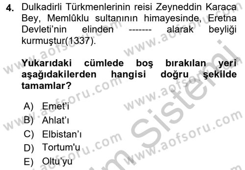 Ortaçağ ve Yeniçağ Türk Devletleri Tarihi Dersi 2018 - 2019 Yılı Yaz Okulu Sınav Soruları 4. Soru