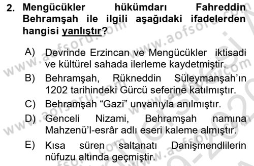 Ortaçağ ve Yeniçağ Türk Devletleri Tarihi Dersi Ara Sınavı Deneme Sınav Soruları 2. Soru