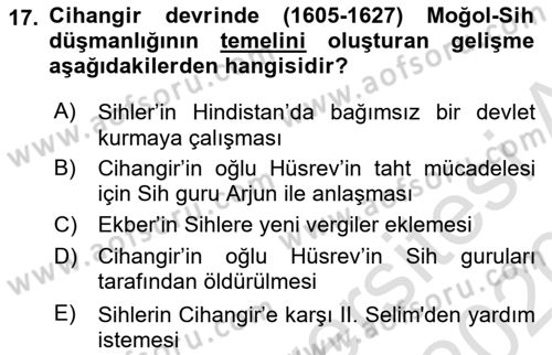 Ortaçağ ve Yeniçağ Türk Devletleri Tarihi Dersi 2019 - 2020 Yılı (Final) Dönem Sonu Sınav Soruları 17. Soru