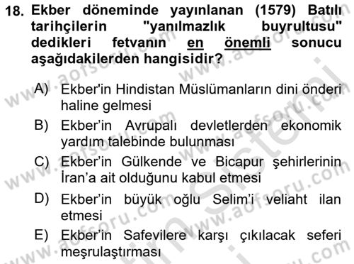 Ortaçağ ve Yeniçağ Türk Devletleri Tarihi Dersi 2021 - 2022 Yılı (Final) Dönem Sonu Sınav Soruları 18. Soru