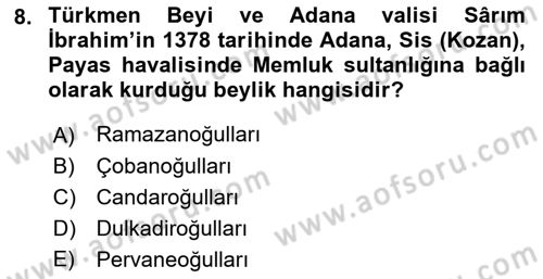 Ortaçağ ve Yeniçağ Türk Devletleri Tarihi Dersi 2022 - 2023 Yılı (Vize) Ara Sınav Soruları 8. Soru