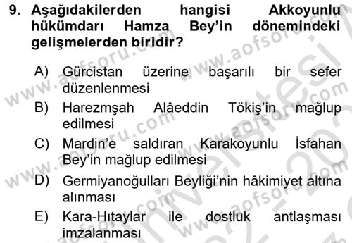 Ortaçağ ve Yeniçağ Türk Devletleri Tarihi Dersi 2022 - 2023 Yılı Yaz Okulu Sınav Soruları 9. Soru